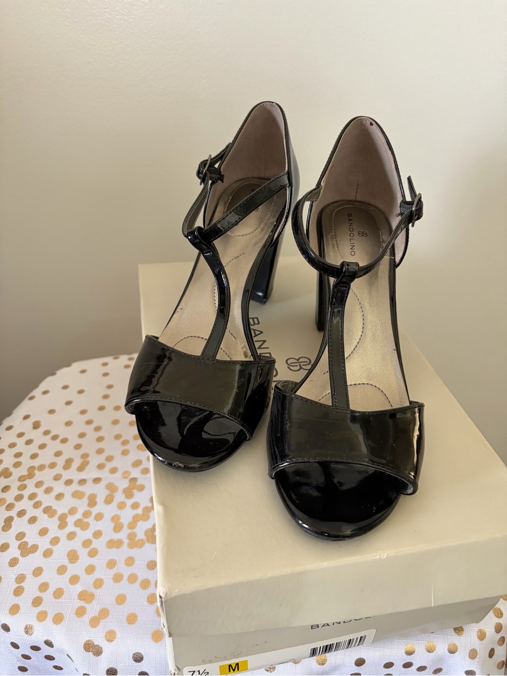 Bandolino Black Patent T-Strap High Heels